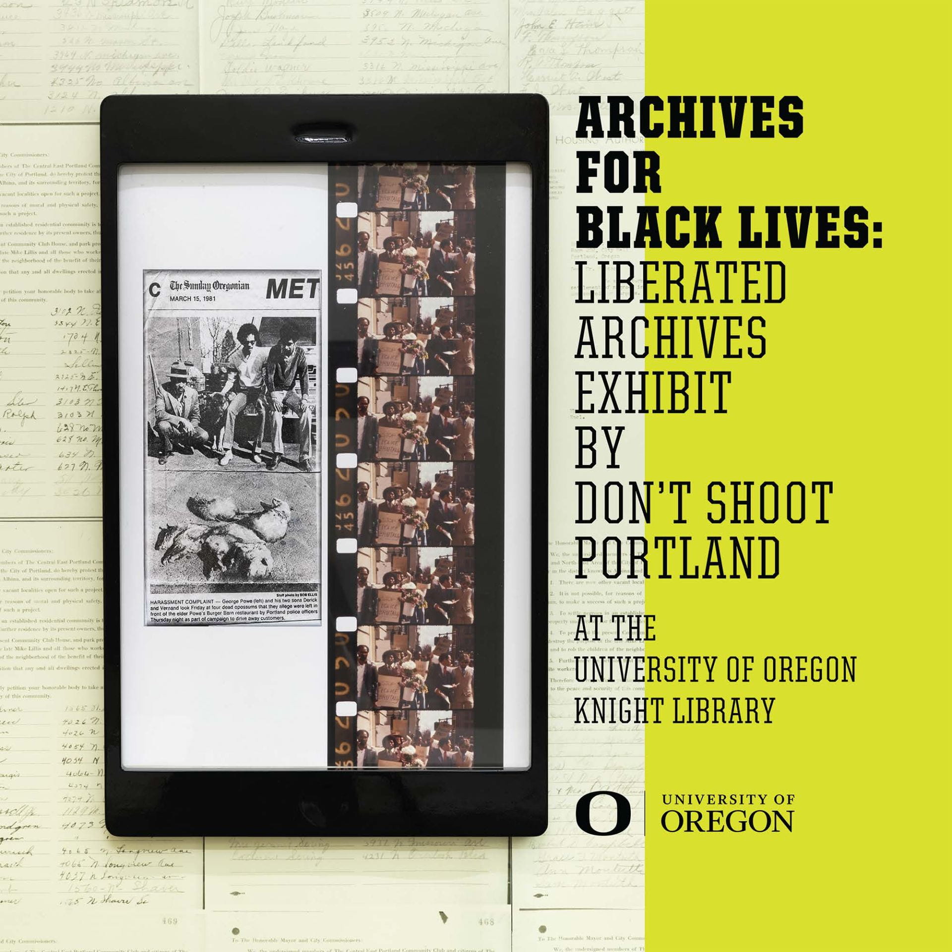 Exhibition poster for "Archives for Black Lives: Liberated Archives by Don't Shoot Portland"