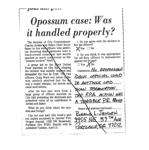 Newspaper clipping with the title "Opossum case: Was it handled properly?"